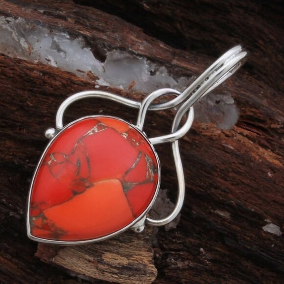 Handmade Sterling Silver Orange Copper Turquoise Pear Pendant - Picture 1 of 7
